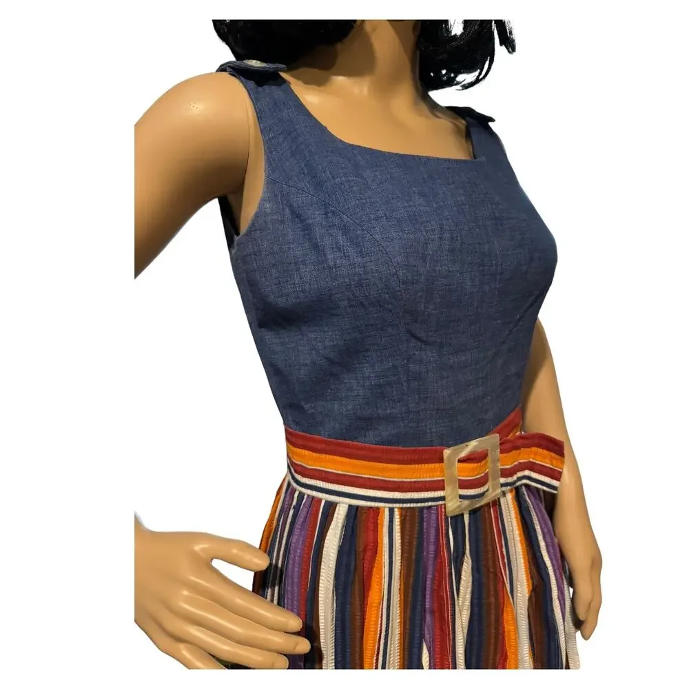 Vintage 1970s PLW Denim & Striped Prairie Midi Dress Boho Belted